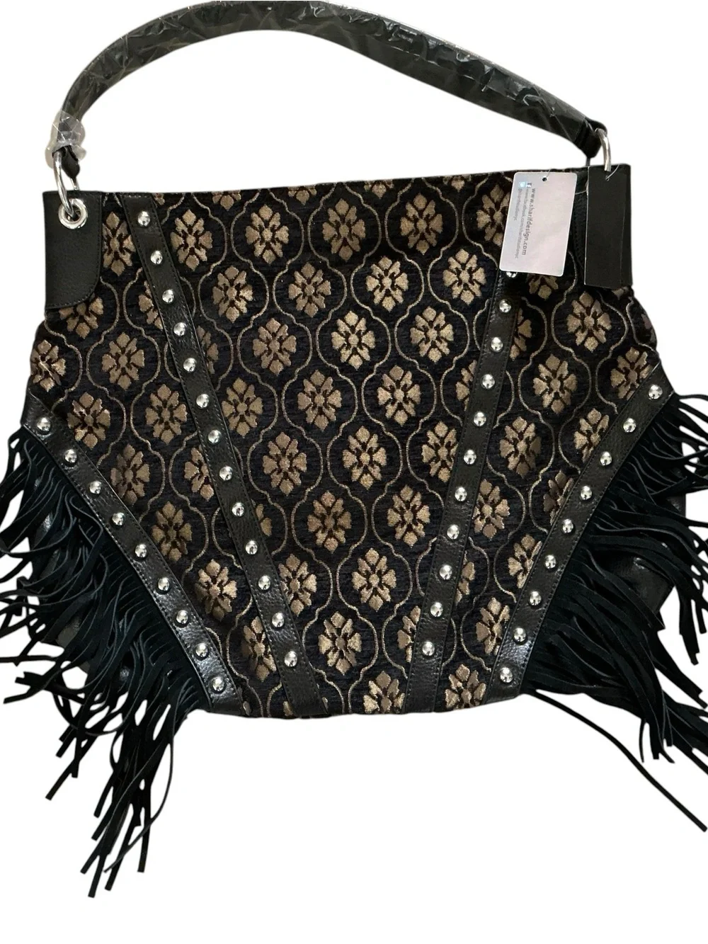Sharif NY tapestry velvet tassel studs tote purse shoulder bag